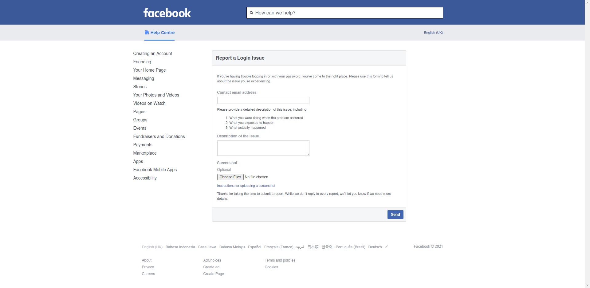 facebook report login issue